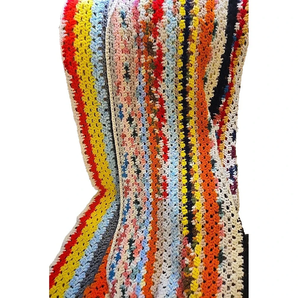 Vtg Crochet Blanket Throw Handmade Granny Stripe Multicolor Boho 56x47 Afghan